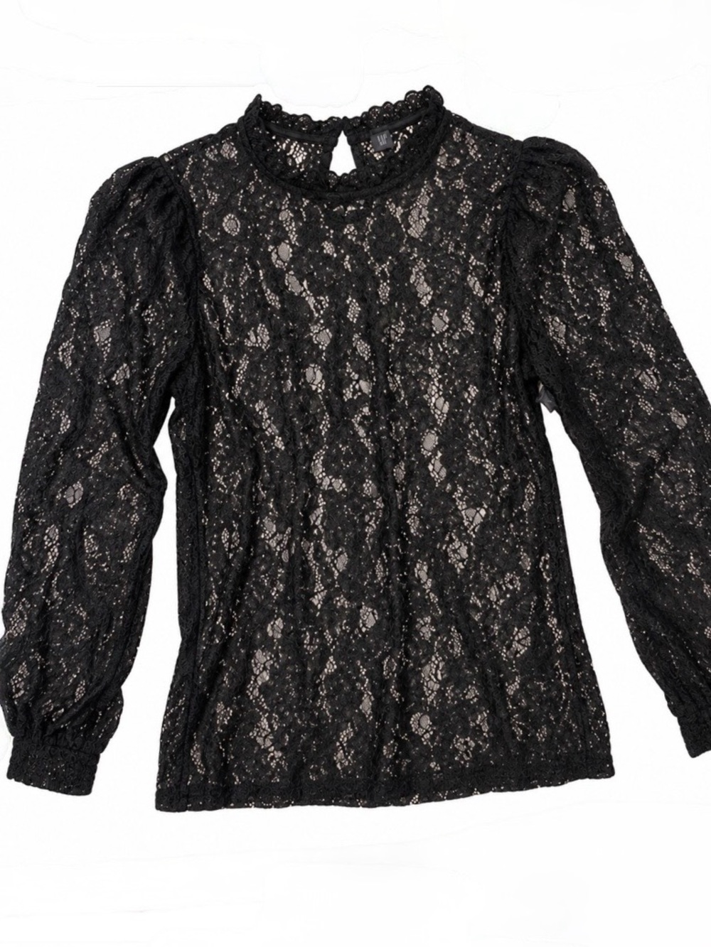 NWT Women's Black Lace Sheer Puff-Sleeve Blouse